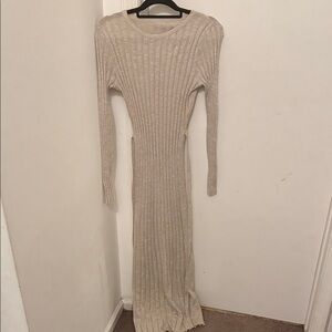 Elegant Beige Ribbed Knit Dress